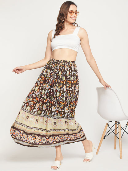 Floral Print Rayon Skirt with Dori - Brown Multi