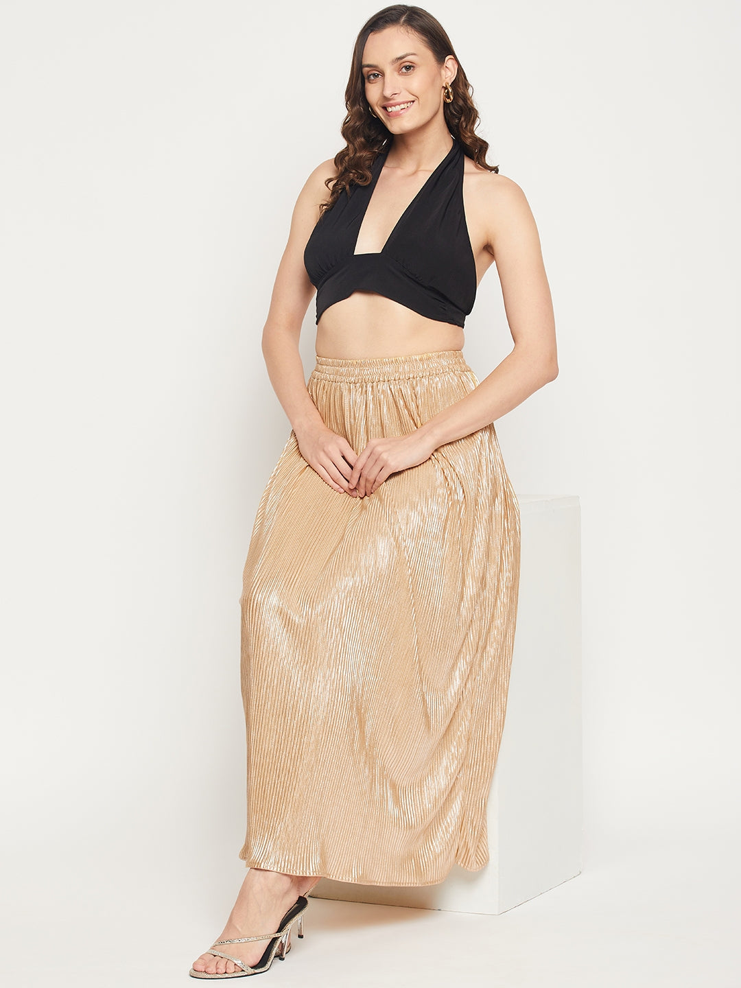 Poly Knit Pleated Maxi Skirt - Champagne